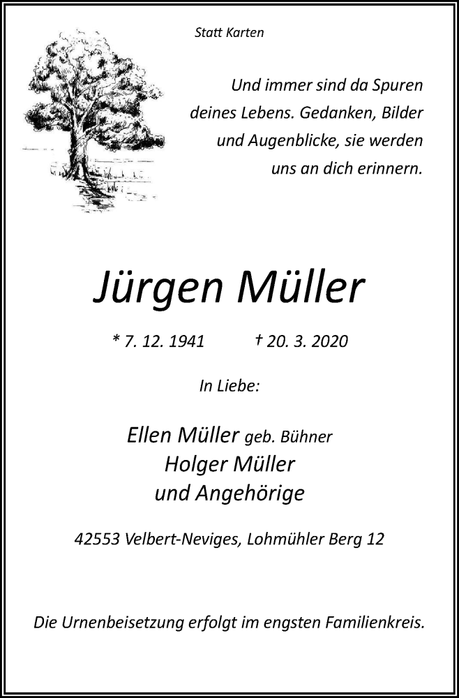  Traueranzeige für Jürgen Müller vom 28.03.2020 aus WVW Anzeigenblätter
