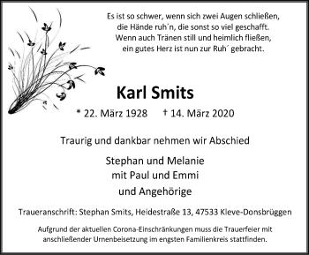 Traueranzeige von Karl Smits von WVW Anzeigenblätter