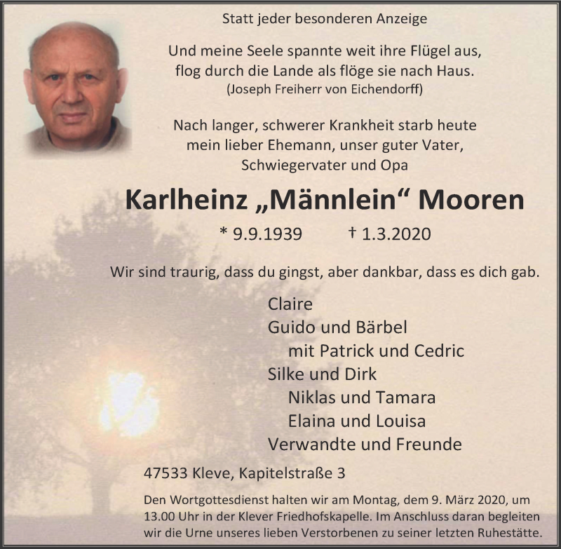  Traueranzeige für Karlheinz Mooren vom 07.03.2020 aus WVW Anzeigenblätter