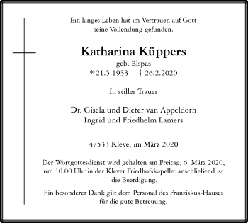Traueranzeige von Katharina Küppers von WVW Anzeigenblätter