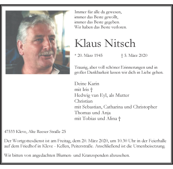 Traueranzeige von Klaus Nitsch von WVW Anzeigenblätter