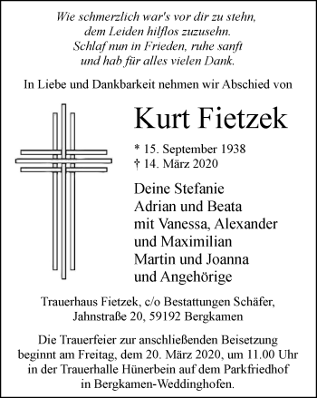 Traueranzeige von Kurt Fietzek von WVW Anzeigenblätter