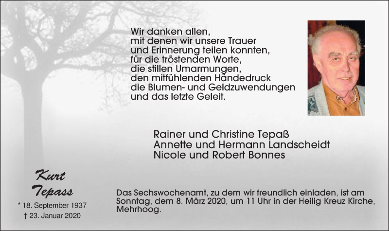  Traueranzeige für Kurt Tepass vom 04.03.2020 aus WVW Anzeigenblätter
