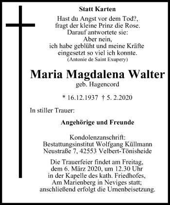 Traueranzeige von Maria Magdalena Walter von WVW Anzeigenblätter