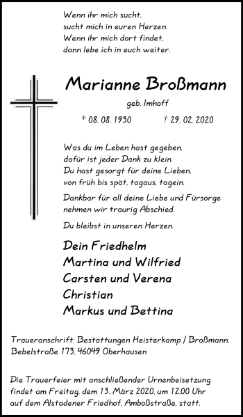 Traueranzeige von Marianne Broßmann von WVW Anzeigenblätter