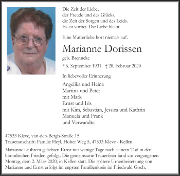 Traueranzeige von Marianne Dorissen von WVW Anzeigenblätter