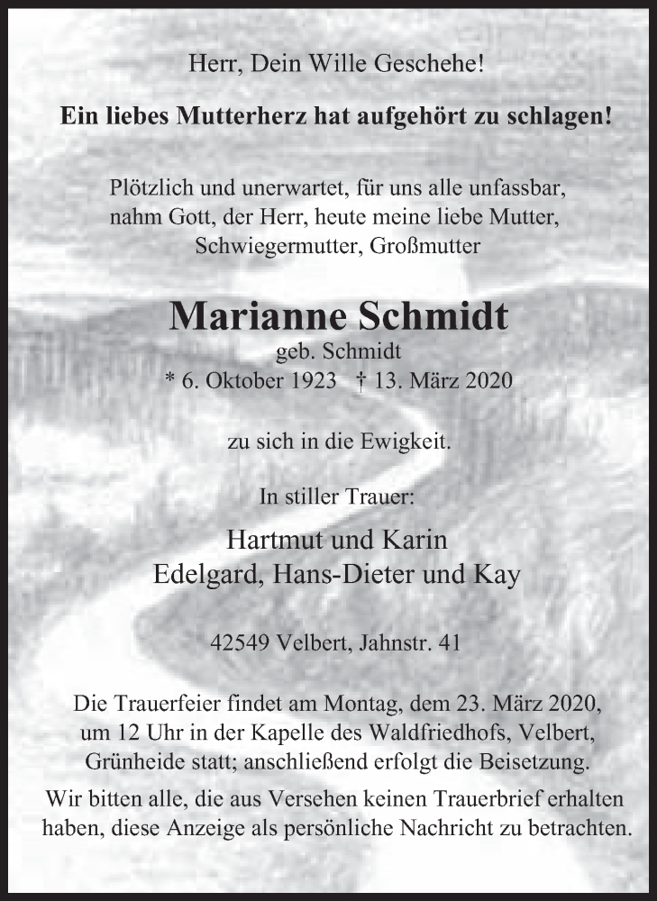  Traueranzeige für Marianne Schmidt vom 21.03.2020 aus WVW Anzeigenblätter