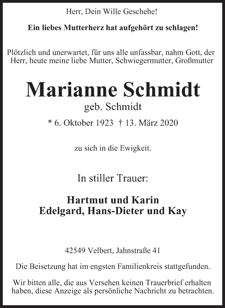  Traueranzeige für Marianne Schmidt vom 25.03.2020 aus WVW Anzeigenblätter