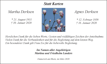 Traueranzeige von Martha und Agnes Derksen von WVW Anzeigenblätter
