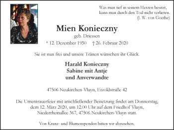 Traueranzeige von Mien Konieczny von WVW Anzeigenblätter