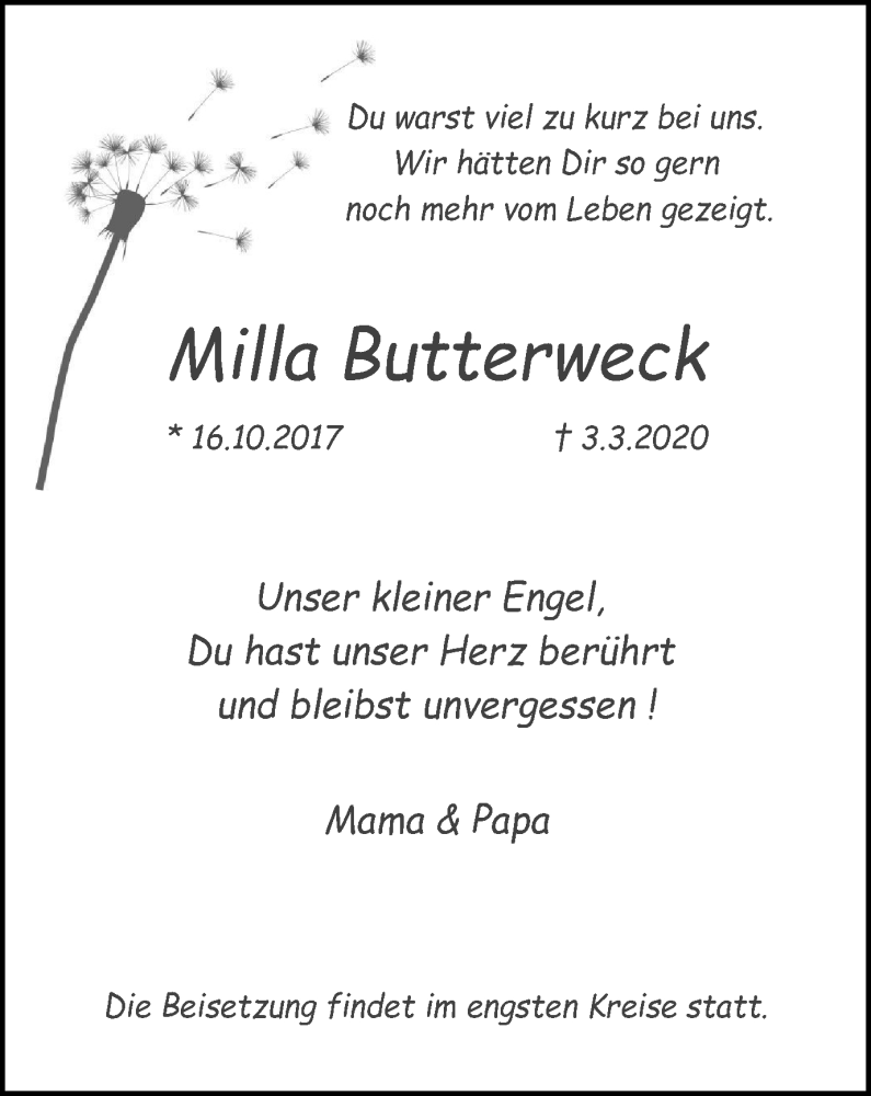 Traueranzeige für Milla Butterweck vom 07.03.2020 aus WVW Anzeigenblätter
