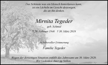 Traueranzeige von Mirnita Tegeder von WVW Anzeigenblätter
