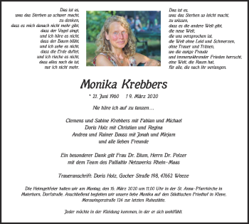 Traueranzeige von Monika Krebbers von WVW Anzeigenblätter