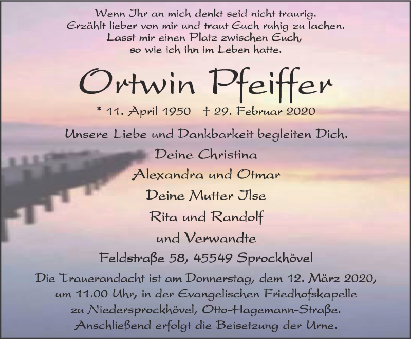  Traueranzeige für Ortwin Pfeiffer vom 07.03.2020 aus WVW Anzeigenblätter