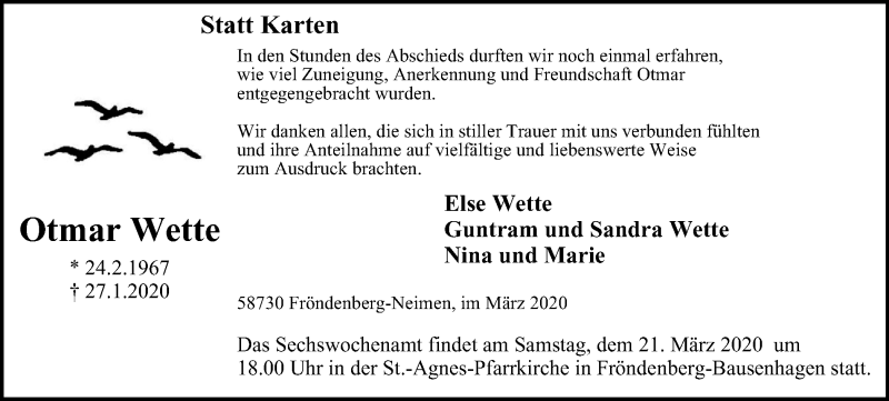  Traueranzeige für Otmar Wette vom 14.03.2020 aus WVW Anzeigenblätter