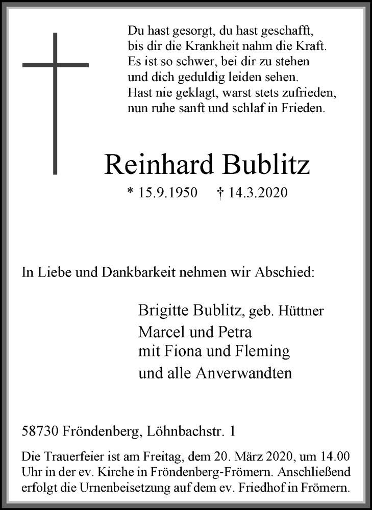  Traueranzeige für Reinhard Bublitz vom 18.03.2020 aus WVW Anzeigenblätter