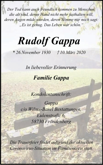 Traueranzeige von Rudolf Gappa von WVW Anzeigenblätter