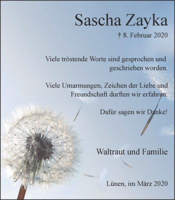 Traueranzeige von Sascha Zayka von WVW Anzeigenblätter