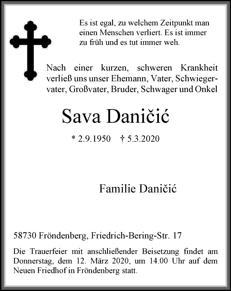  Traueranzeige für Sava Danicic vom 11.03.2020 aus WVW Anzeigenblätter