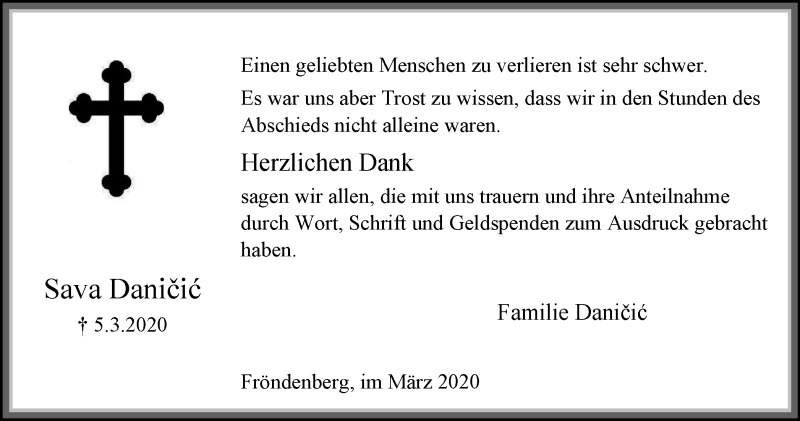  Traueranzeige für Sava Danicic vom 28.03.2020 aus WVW Anzeigenblätter