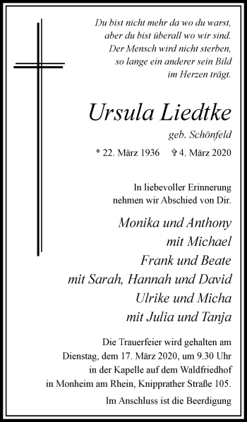 Traueranzeige von Ursula Liedtke von WVW Anzeigenblätter