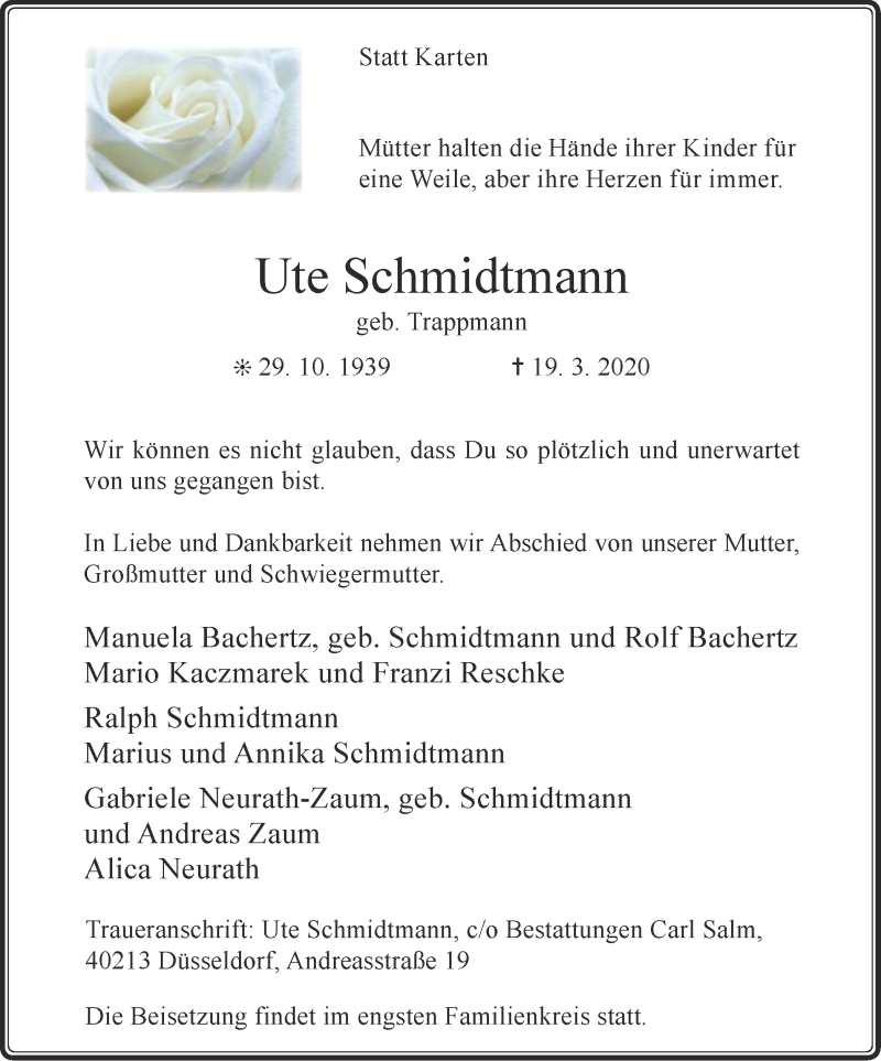  Traueranzeige für Ute Schmidtmann vom 26.03.2020 aus WVW Anzeigenblätter