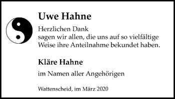 Traueranzeige von Uwe Hahne von WVW Anzeigenblätter
