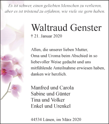 Traueranzeige von Waltraud Genster von WVW Anzeigenblätter