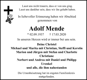 Traueranzeige von Adolf Mende von WVW Anzeigenblätter