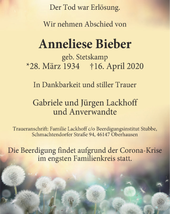 Traueranzeige von Anneliese Bieber von WVW Anzeigenblätter