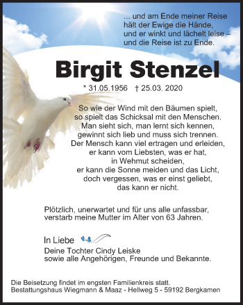 Traueranzeige von Birgit Stenzel von WVW Anzeigenblätter