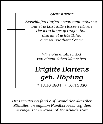 Traueranzeige von Brigitte Bartens von WVW Anzeigenblätter