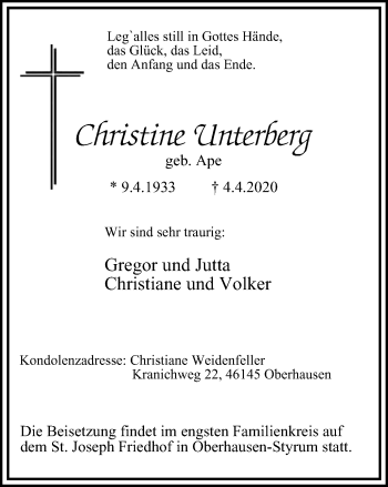 Traueranzeige von Christine Unterberg von WVW Anzeigenblätter