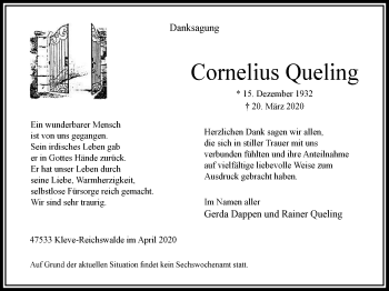 Traueranzeige von Cornelius Queling von WVW Anzeigenblätter