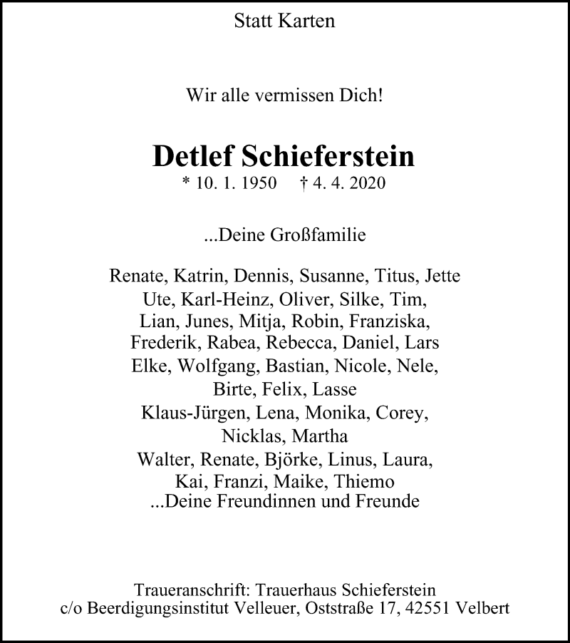  Traueranzeige für Detlef Schieferstein vom 18.04.2020 aus WVW Anzeigenblätter