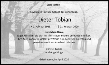 Traueranzeige von Dieter Tobian von WVW Anzeigenblätter