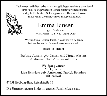 Traueranzeige von Emma Jansen von WVW Anzeigenblätter