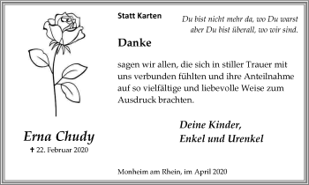 Traueranzeige von Erna Chudy von WVW Anzeigenblätter