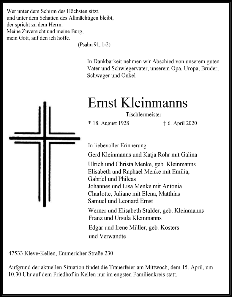  Traueranzeige für Ernst Kleinmanns vom 11.04.2020 aus WVW Anzeigenblätter