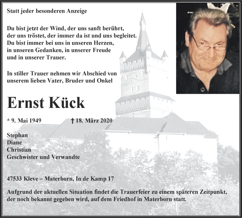  Traueranzeige für Ernst Kück vom 18.04.2020 aus WVW Anzeigenblätter