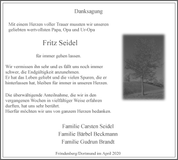 Traueranzeige von Fritz Seidel von WVW Anzeigenblätter