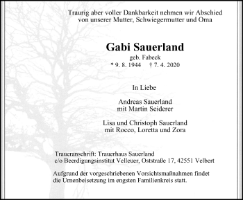 Traueranzeige von Gabi Sauerland von WVW Anzeigenblätter
