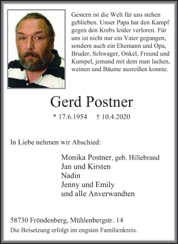 Traueranzeige von Gerd Postner von WVW Anzeigenblätter