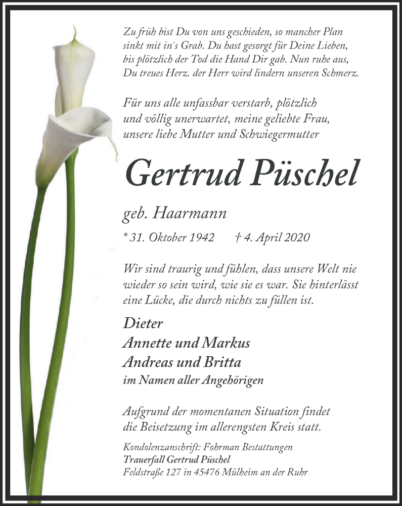  Traueranzeige für Gertrud Püschel vom 11.04.2020 aus WVW Anzeigenblätter