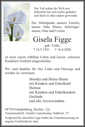 Traueranzeige von Gisela Figge von WVW Anzeigenblätter