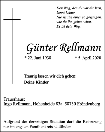 Traueranzeige von Günter Rellmann von WVW Anzeigenblätter