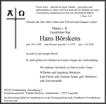 Traueranzeige von Hans Börskens von WVW Anzeigenblätter