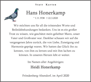 Traueranzeige von Hans Honerkamp von WVW Anzeigenblätter