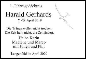 Traueranzeige von Harald Gerhards von WVW Anzeigenblätter