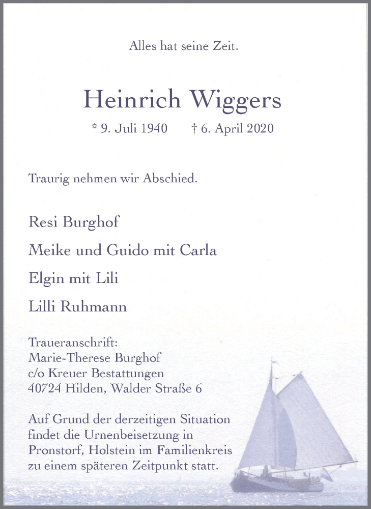 Traueranzeigen von Heinrich Wiggers TrauerinNRW.de